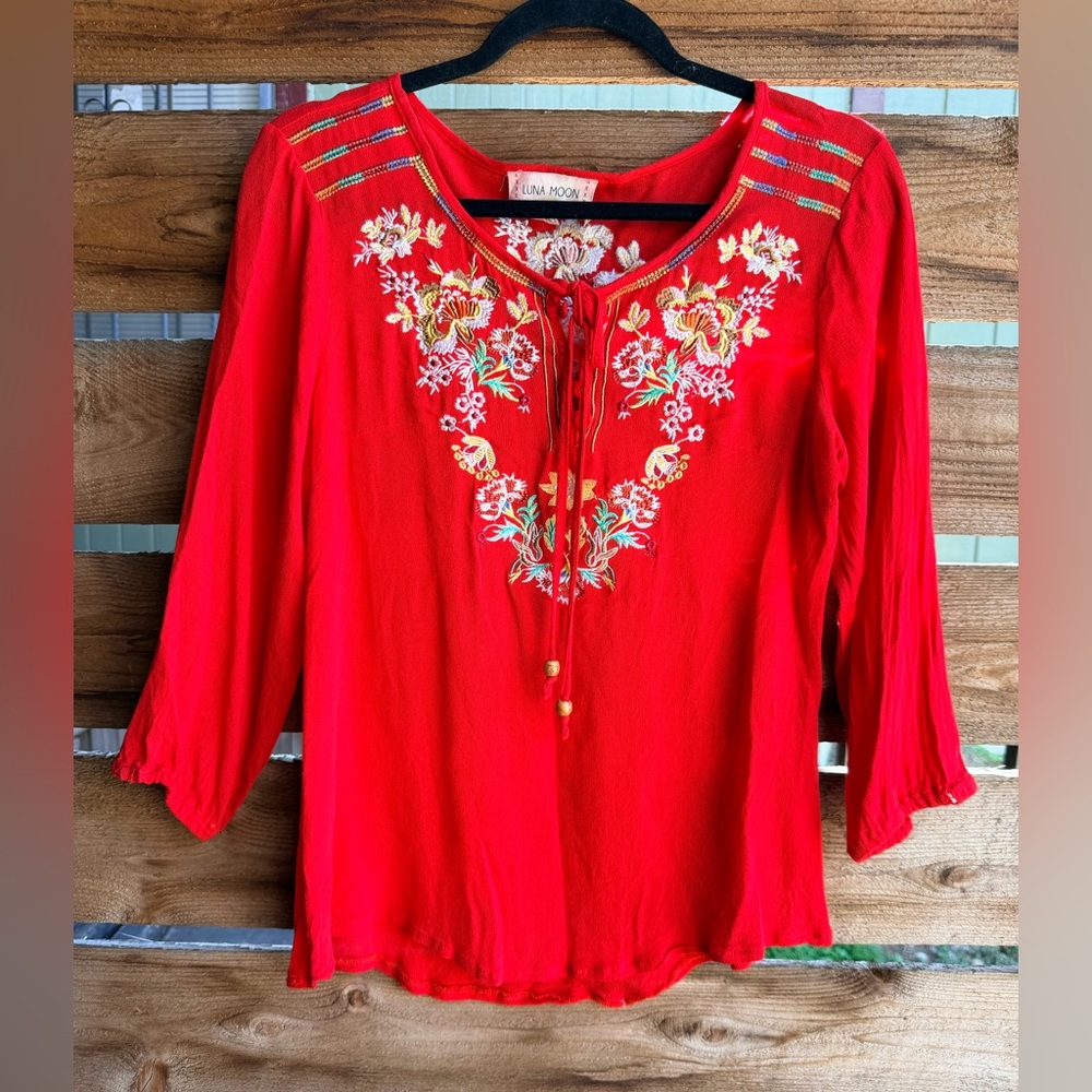 Vibrant Red Embroidered Blouse by Luna Moon Medium